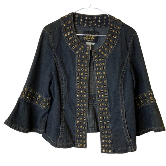 LaL live a little large (12)womens studded jean jacket, 3/4 bell ruffle sleeve h - Picture 3 of 7